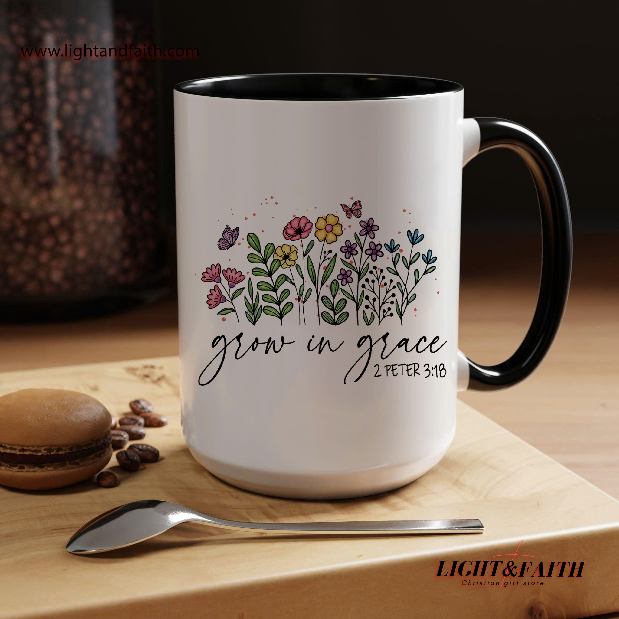 Grow in Grace Mug – 2 Peter 3:18 Bible Verse Floral Mug, Christian Encouragement Gift MULAF23